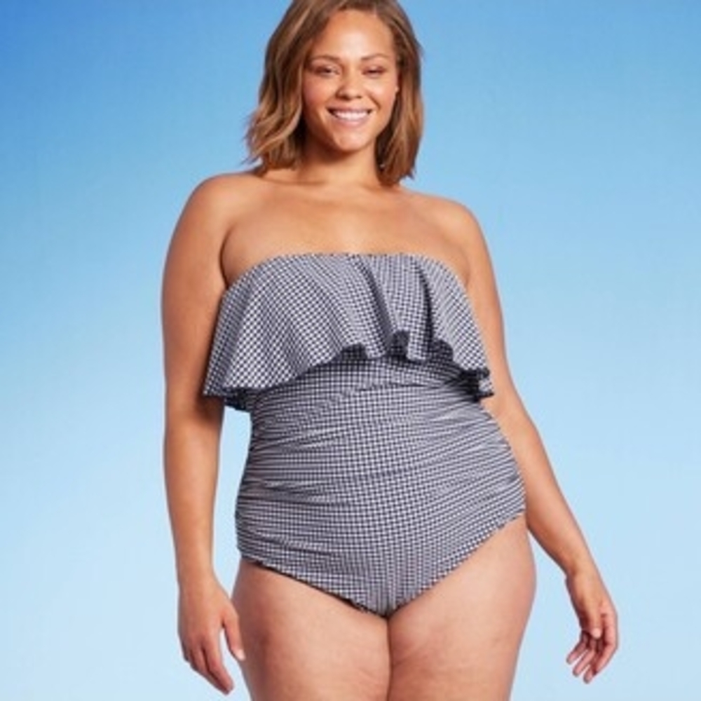 Kona Sol Navy Blue & White‎ Checkered Strapless Women's One Piece Swimsuit